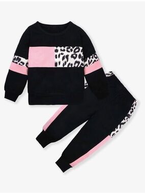 Black & Pink Leopard Block Sweatshirt Set